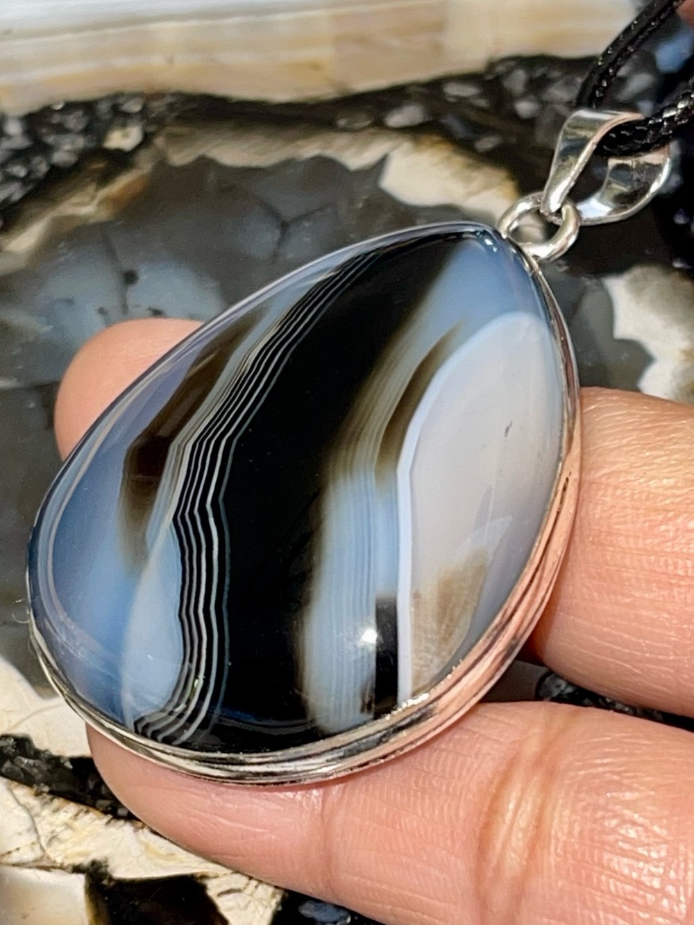 Black & Light Blue Banded Botswana Agate Pendant 2 1/4”